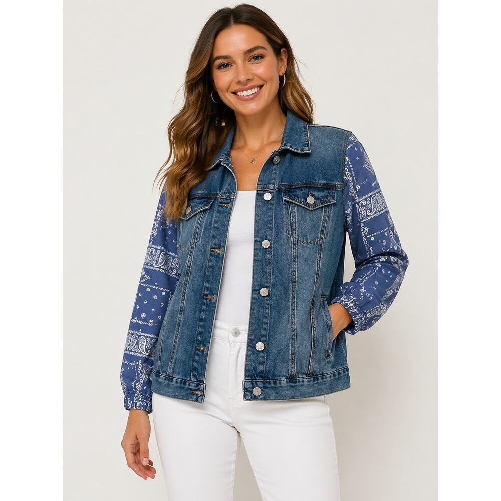 Kensie Denim Jacket | Bandana Print Sleeves | Statement Jean Jacket | Size M